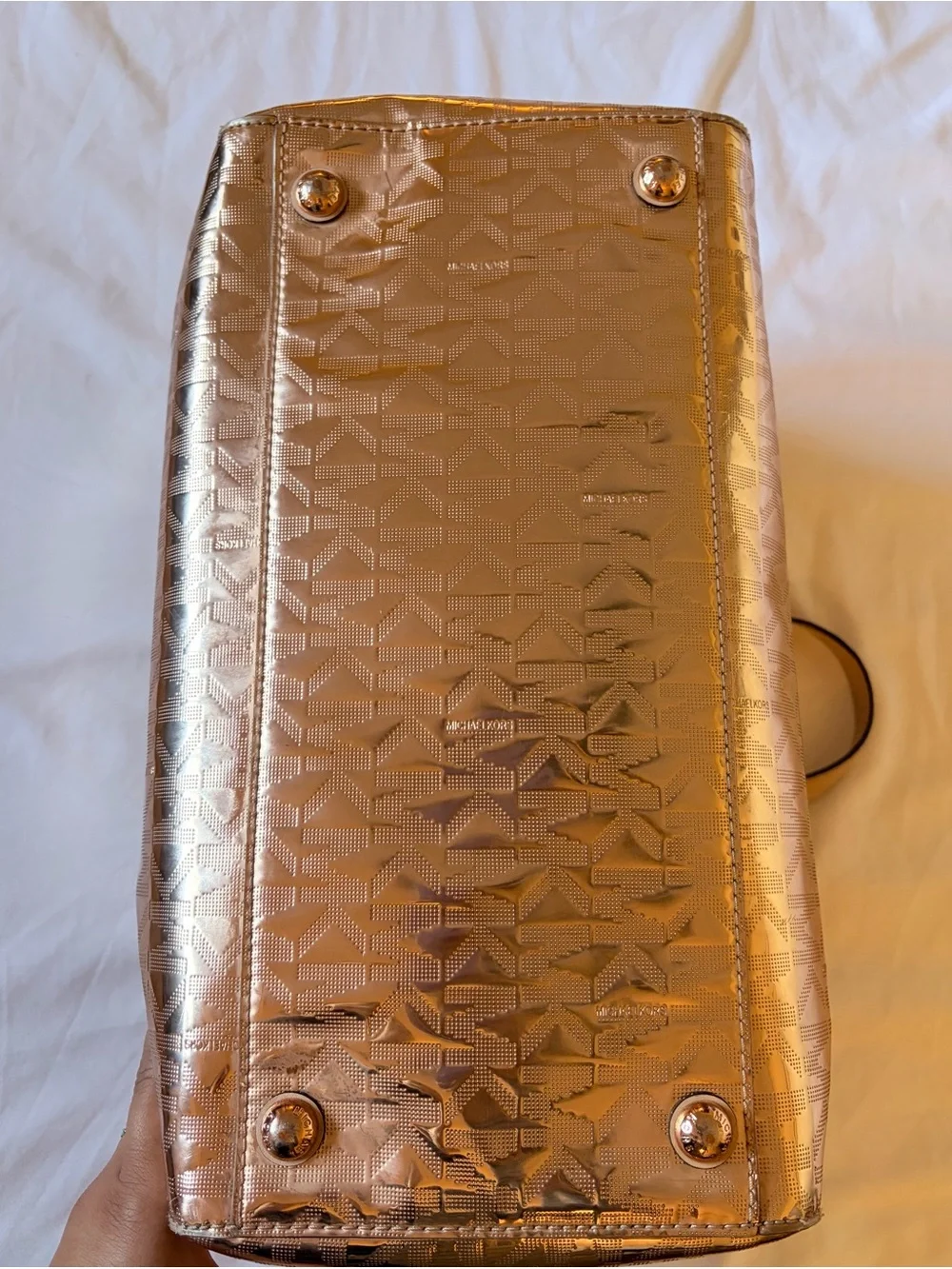 Michael Kors Metallic Rose Gold MK Monogram Satchel